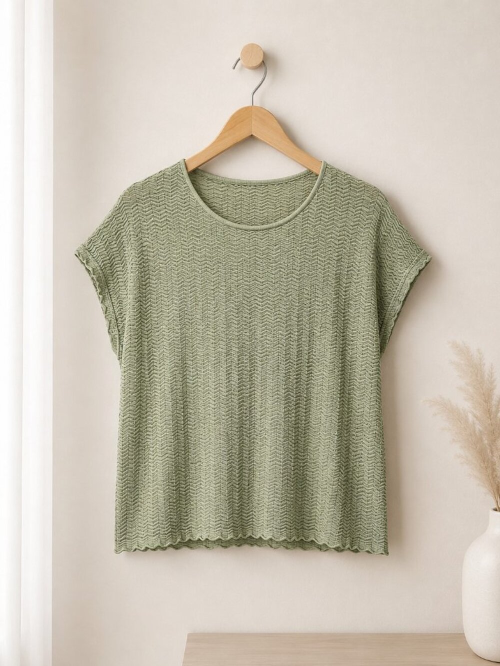 Sage Green Textured Crinkle Knit Top Dolman Sleeve Stretchy L/XL Vintage - Picture 2 of 7